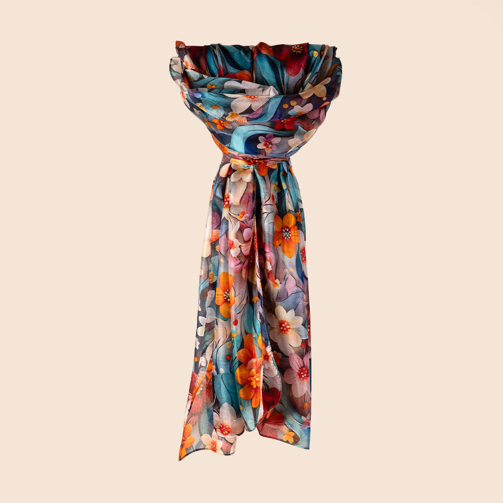 SCIARPA FOULARD IN SETA GRANDE RETTANGOLARE CON FIORI