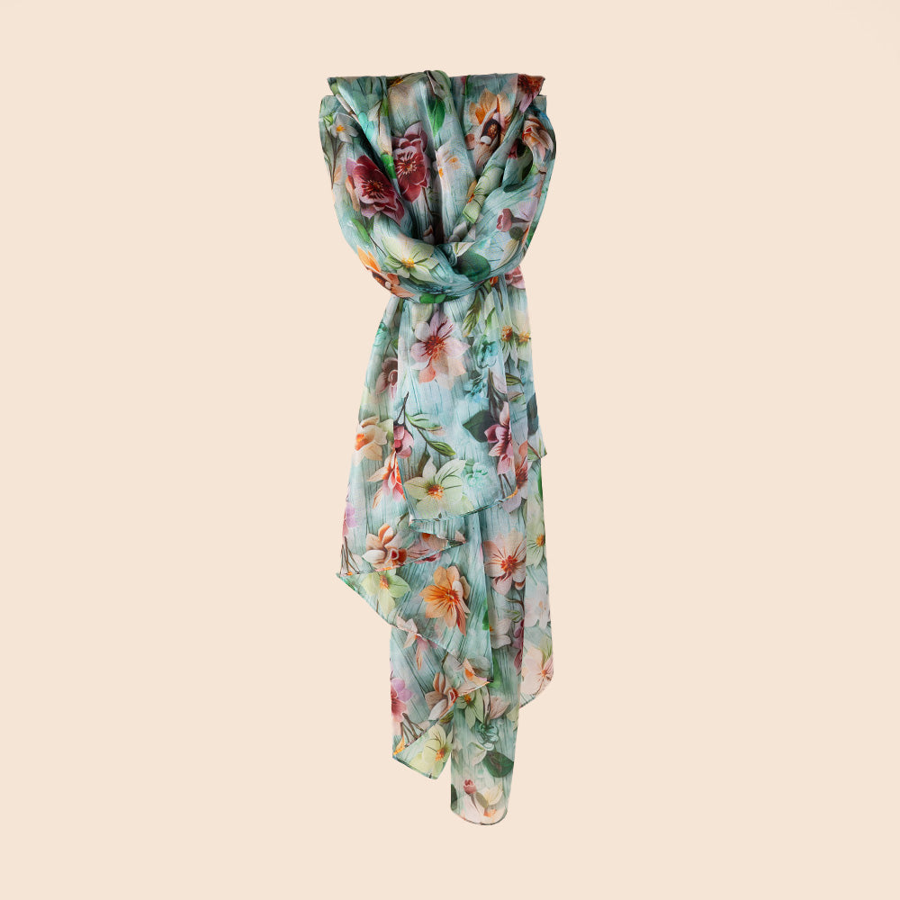 SCIARPA FOULARD IN SETA GRANDE RETTANGOLARE CON FIORI E SFONDO VERDE ACQUA