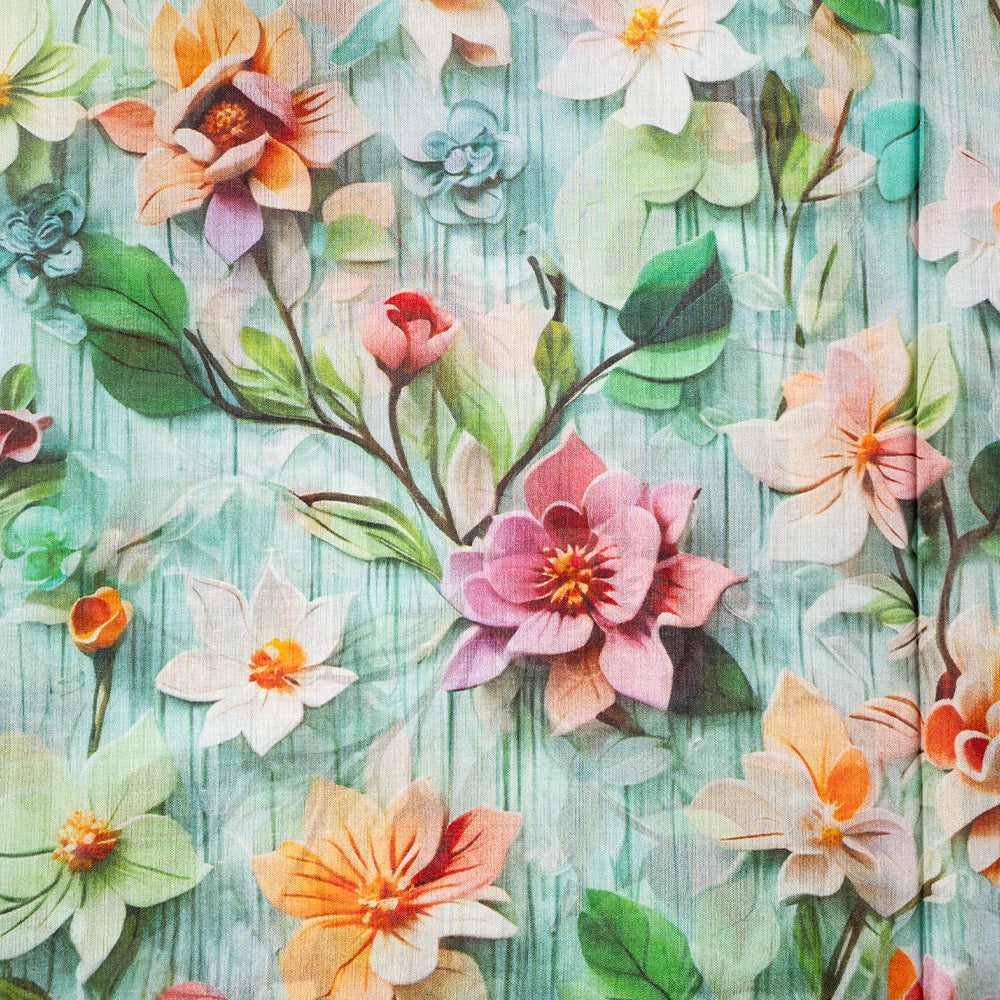 SCIARPA FOULARD IN SETA GRANDE RETTANGOLARE CON FIORI E SFONDO VERDE ACQUA