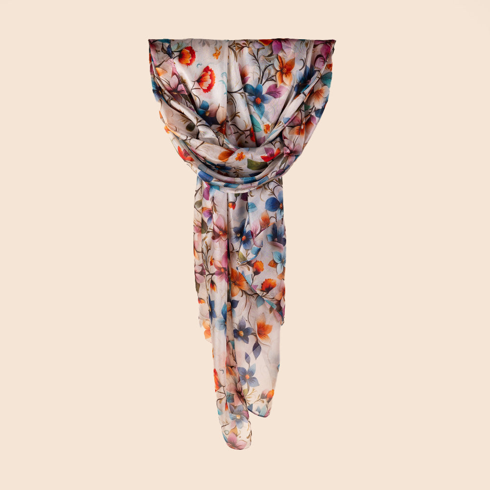 SCIARPA FOULARD IN SETA GRANDE RETTANGOLARE CON FIORI E SFONDO BIANCO