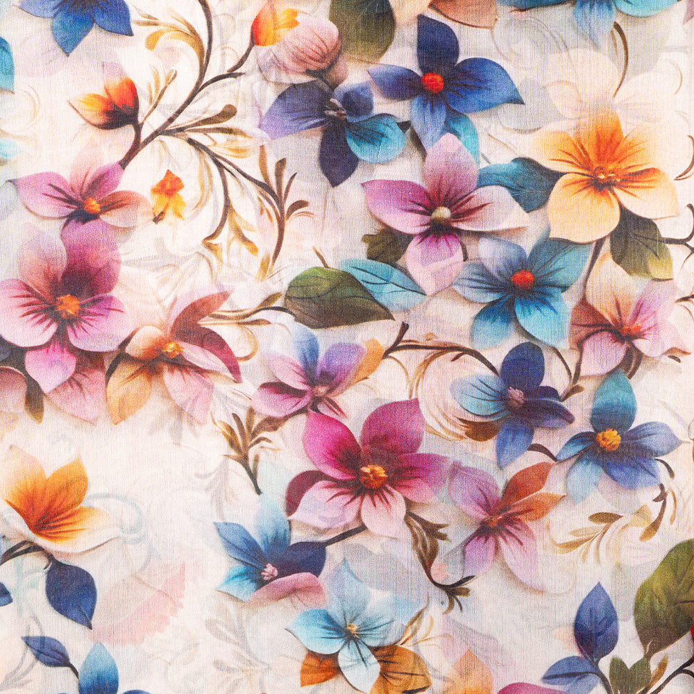 SCIARPA FOULARD IN SETA GRANDE RETTANGOLARE CON FIORI E SFONDO BIANCO