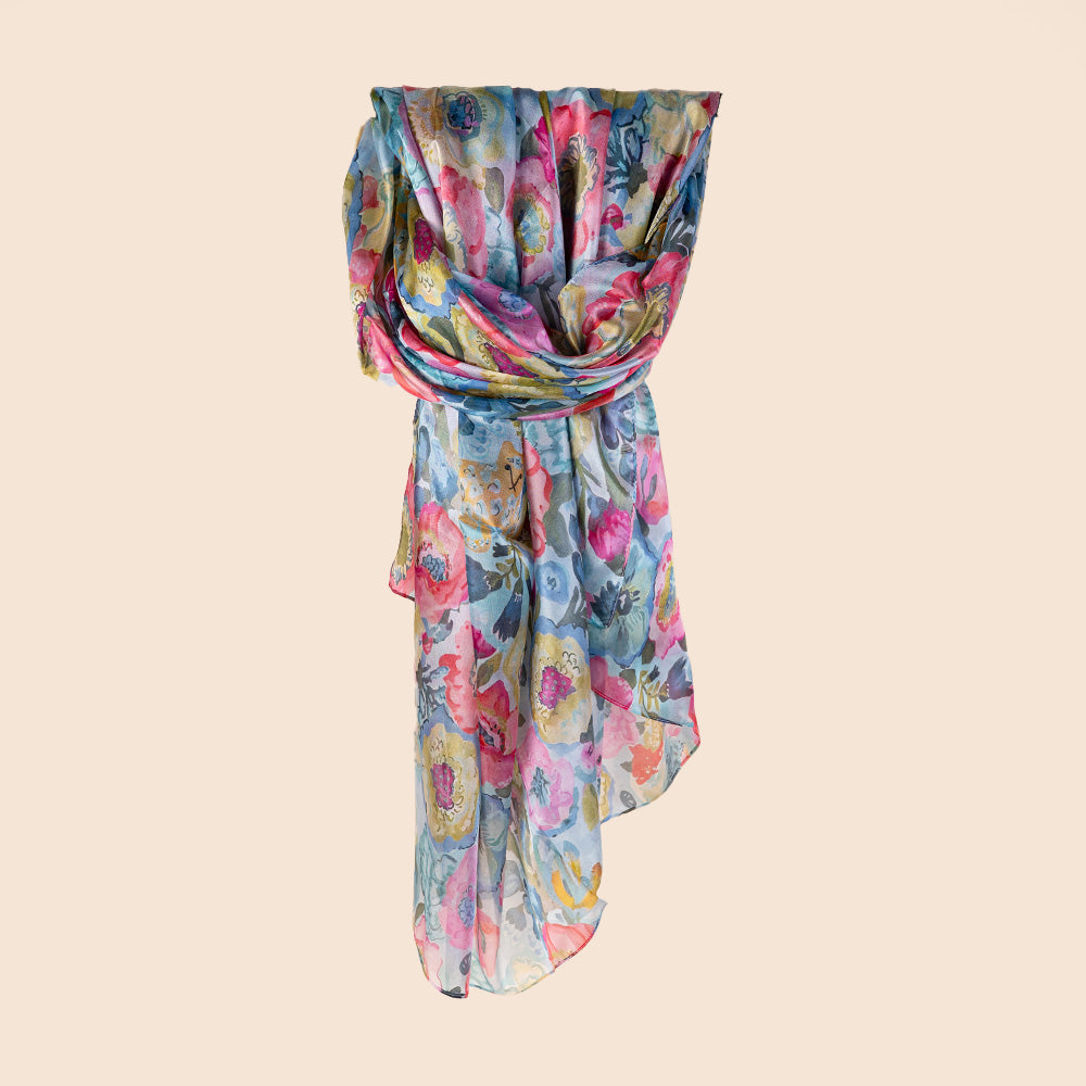 SCIARPA FOULARD IN SETA GRANDE RETTANGOLARE CON FIORI E GATTO