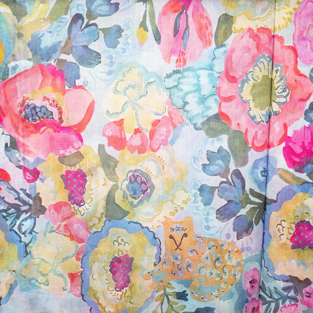 SCIARPA FOULARD IN SETA GRANDE RETTANGOLARE CON FIORI E GATTO