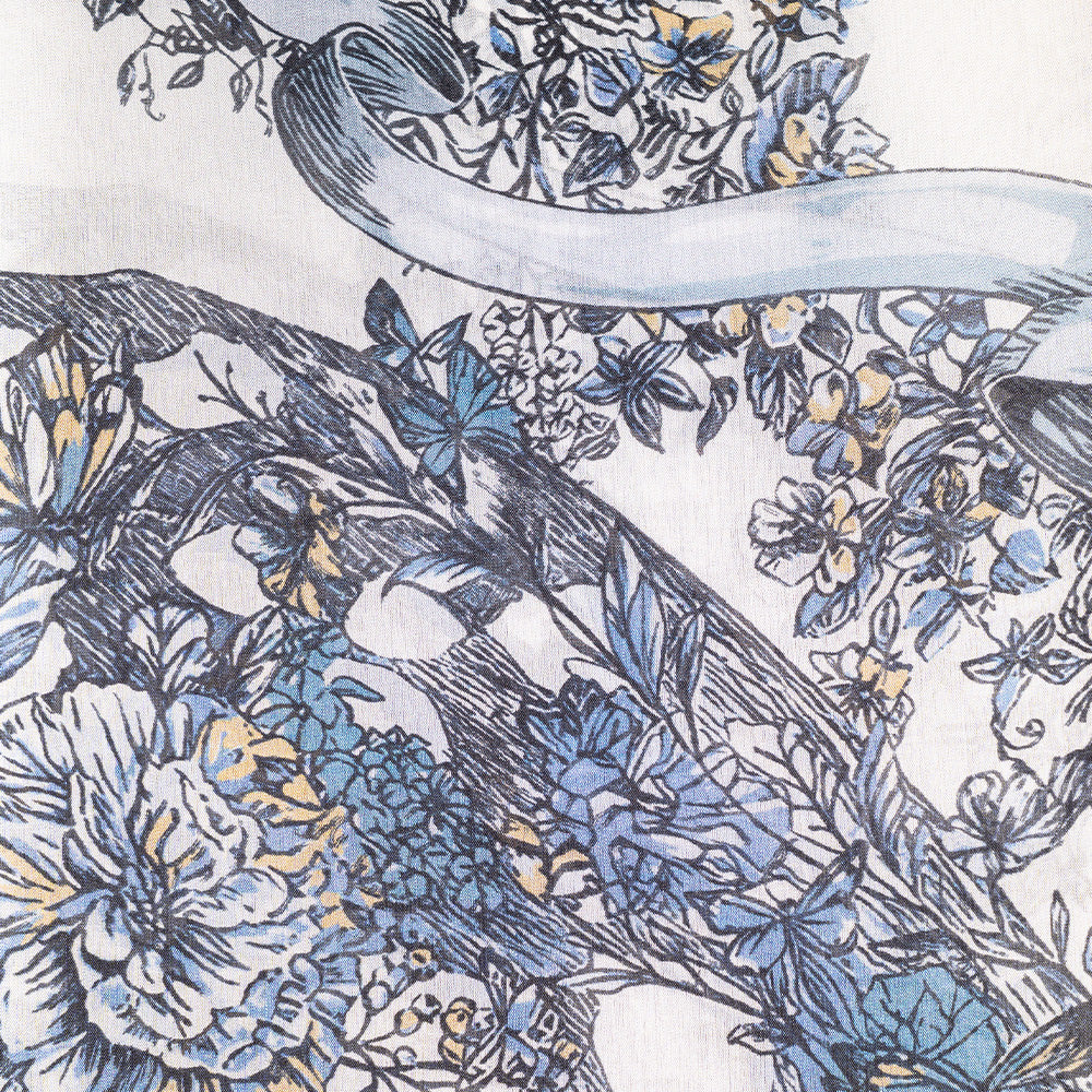 LARGE RECTANGULAR SILK SCARF WITH BLUE FLOWERS AND BUTTERFLIES