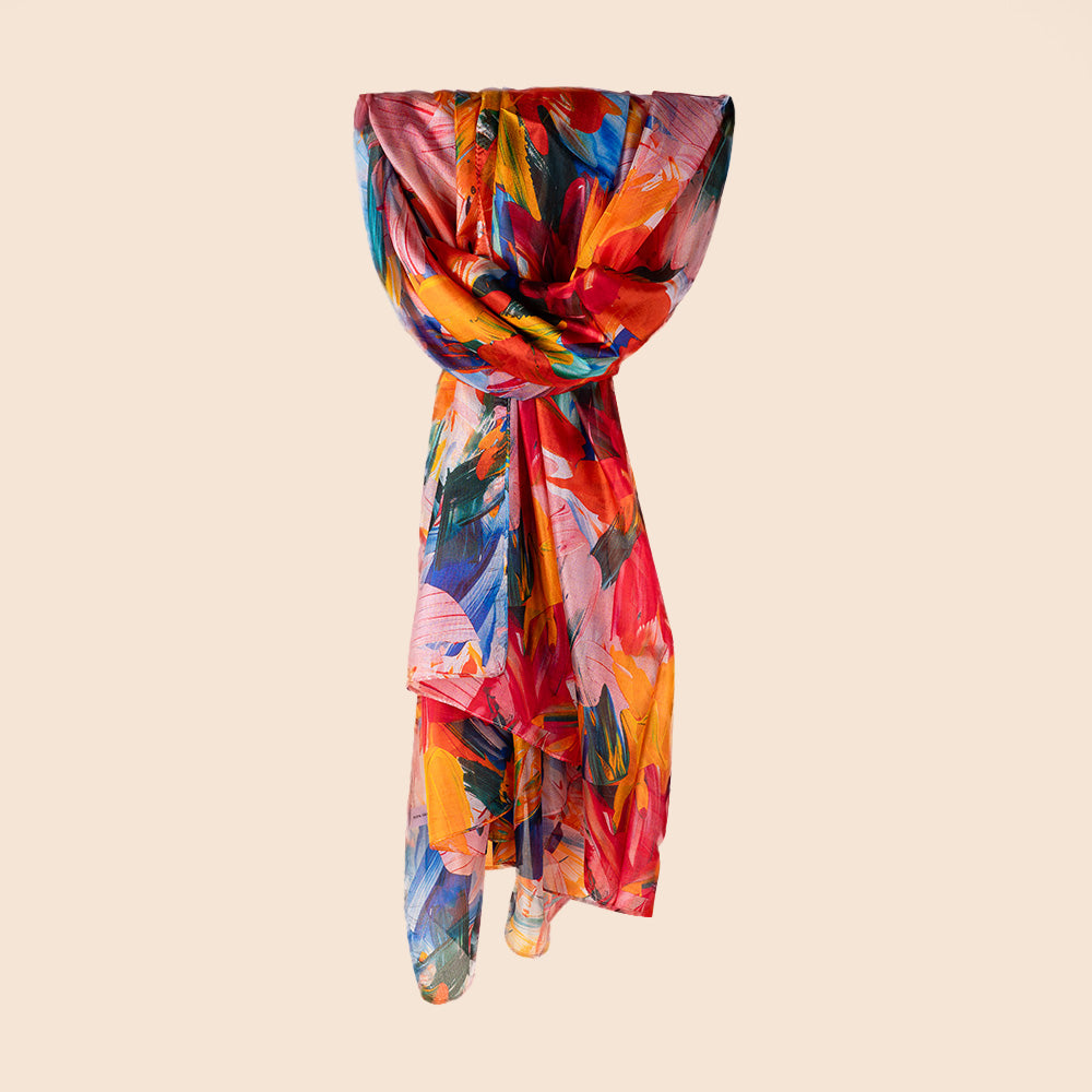 LARGE RECTANGULAR SILK SCARF WITH COLORFUL BRUSH STROKE
