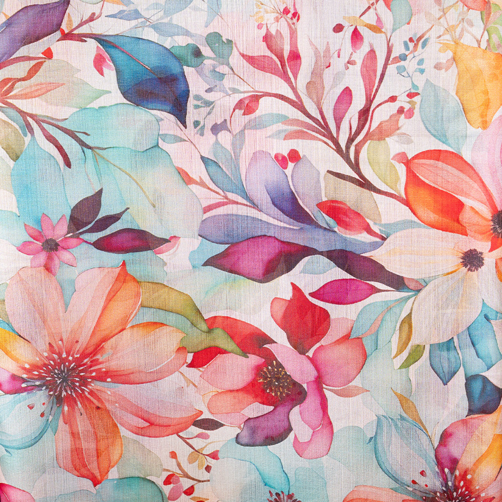 LARGE RECTANGULAR SILK SCARF WITH COLORFUL FLOWERS