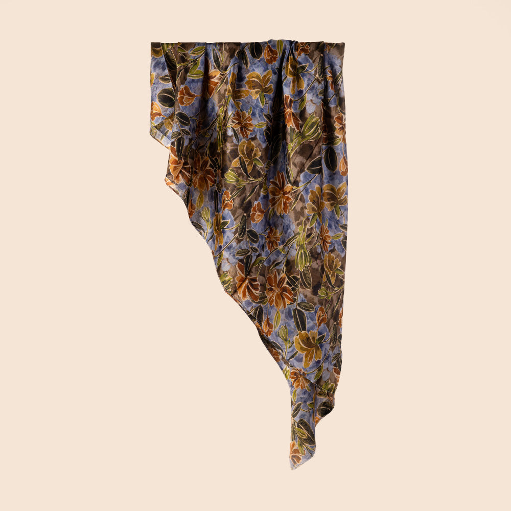 LARGE RECTANGULAR SILK SCARF WITH FLOWERS AND DARK BACKGROUND