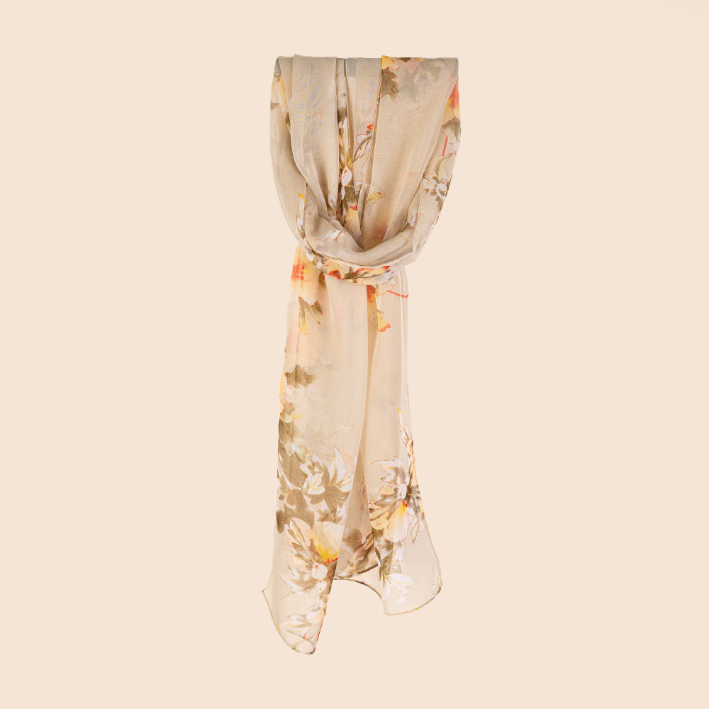 LIGHT SCARF WITH FLOWERS AND CREAM BACKGROUND