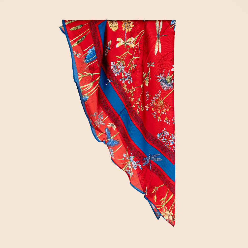 SQUARE SCARF WITH DRAGONFLY AND FLOWERS