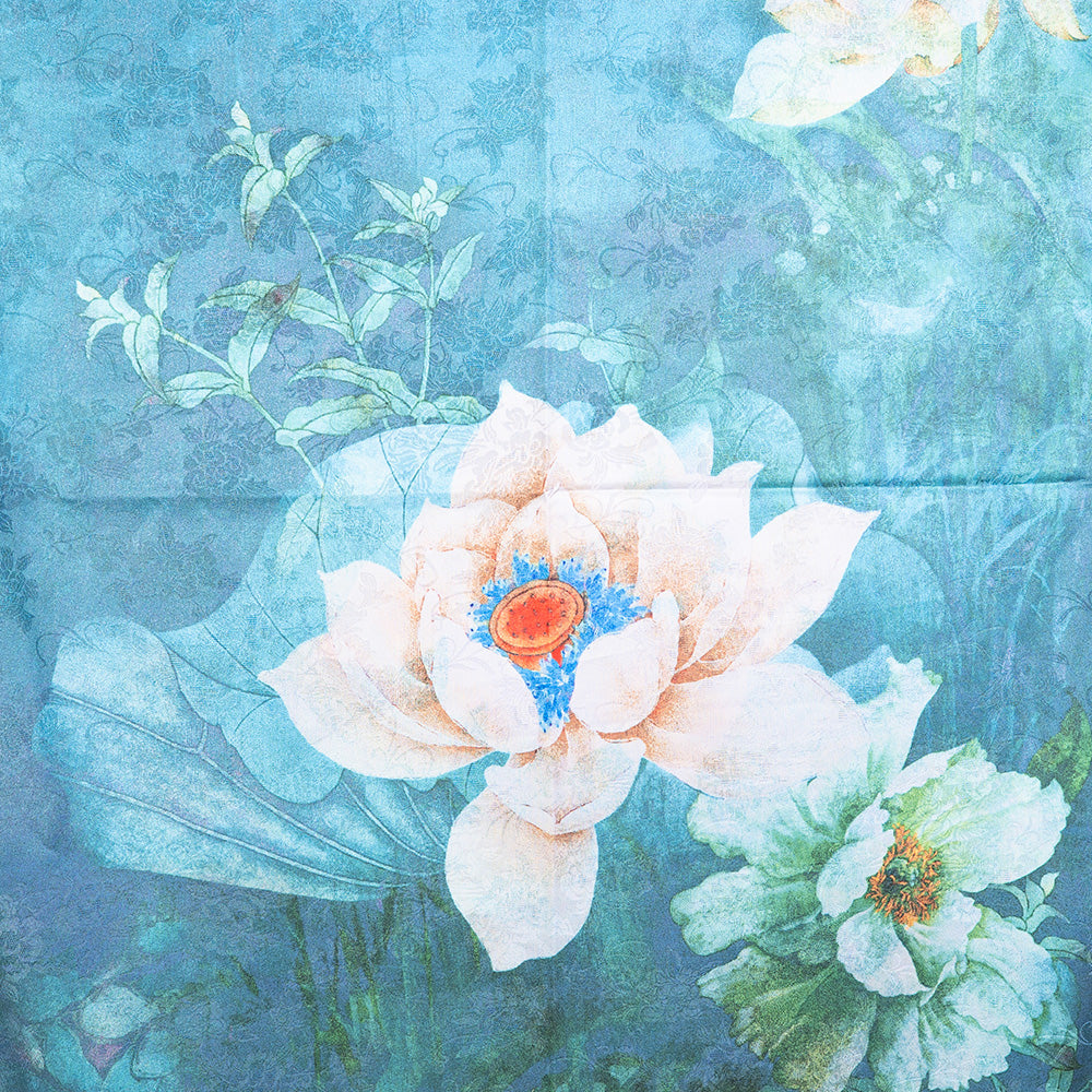 DOUBLE DAMASK SCARF WITH FLOWERS AND PETROL BACKGROUND