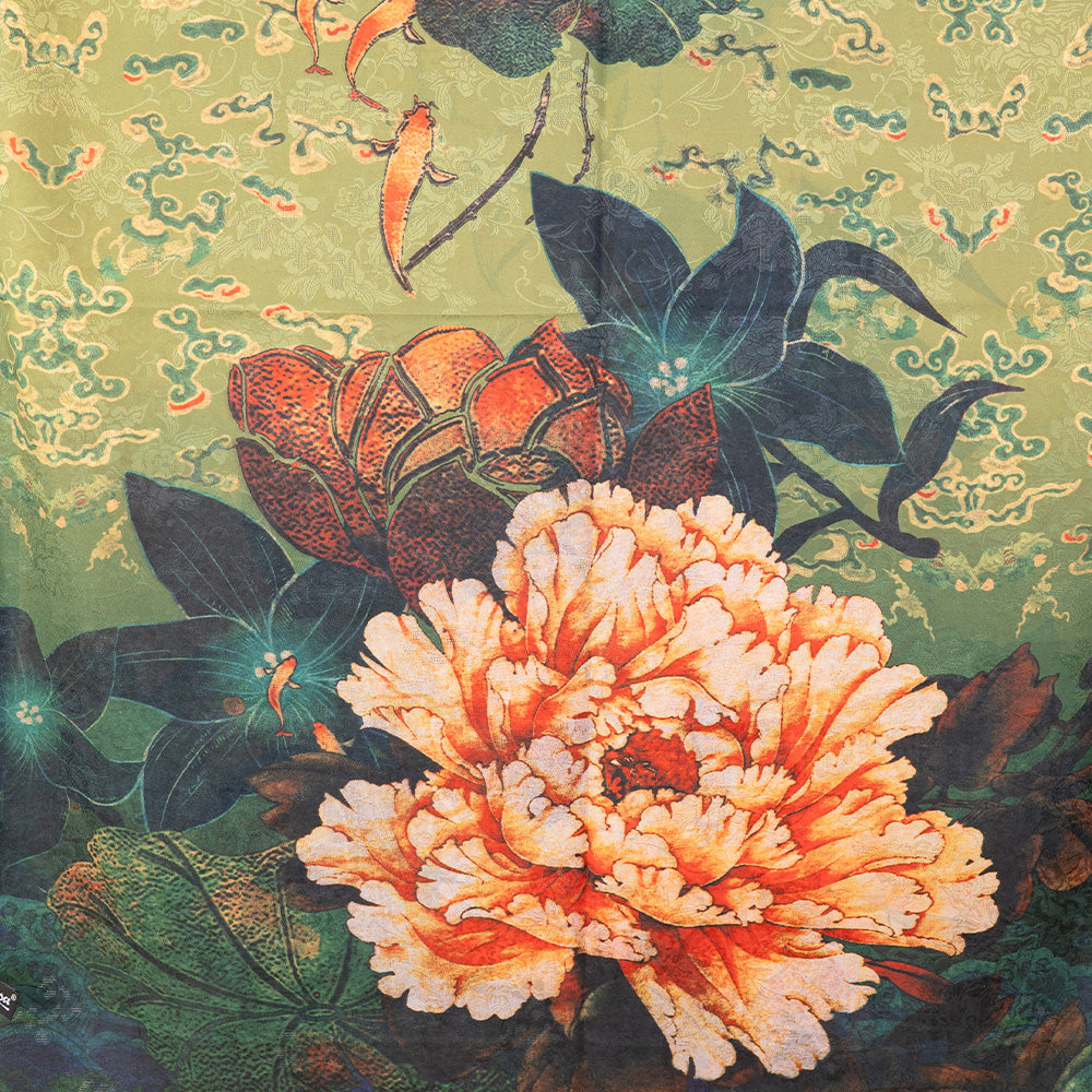 DOUBLE DAMASK SCARF WITH PEONY AND YELLOW BACKGROUND