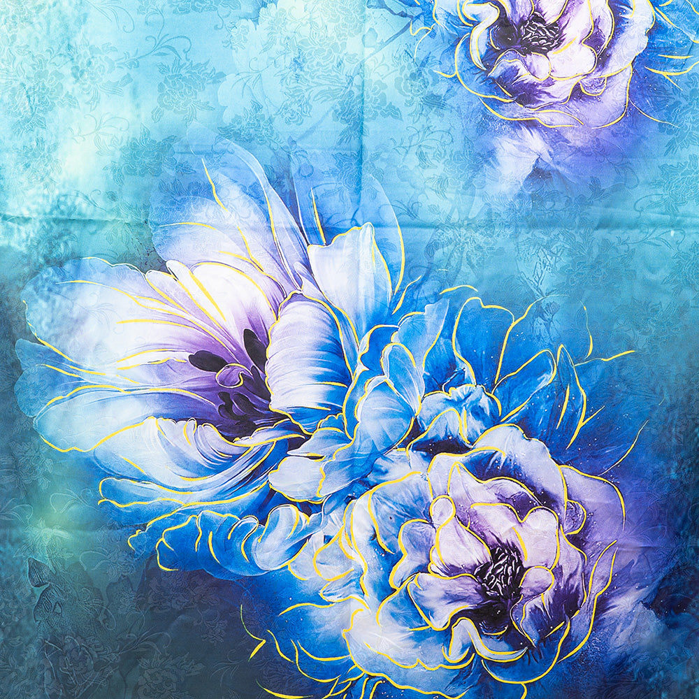 DOUBLE DAMASK SCARF WITH PEONY AND AQUA GREEN BACKGROUND