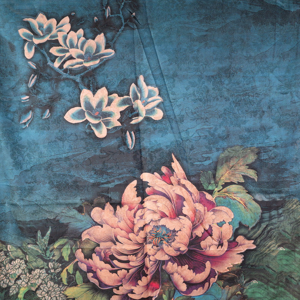 DOUBLE DAMASK SCARF WITH PEONY AND DARK GREEN BACKGROUND