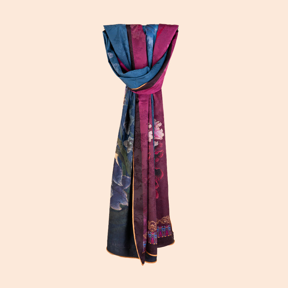 DOUBLE DAMASK SCARF WITH PEONY AND FUCHSIA BACKGROUND