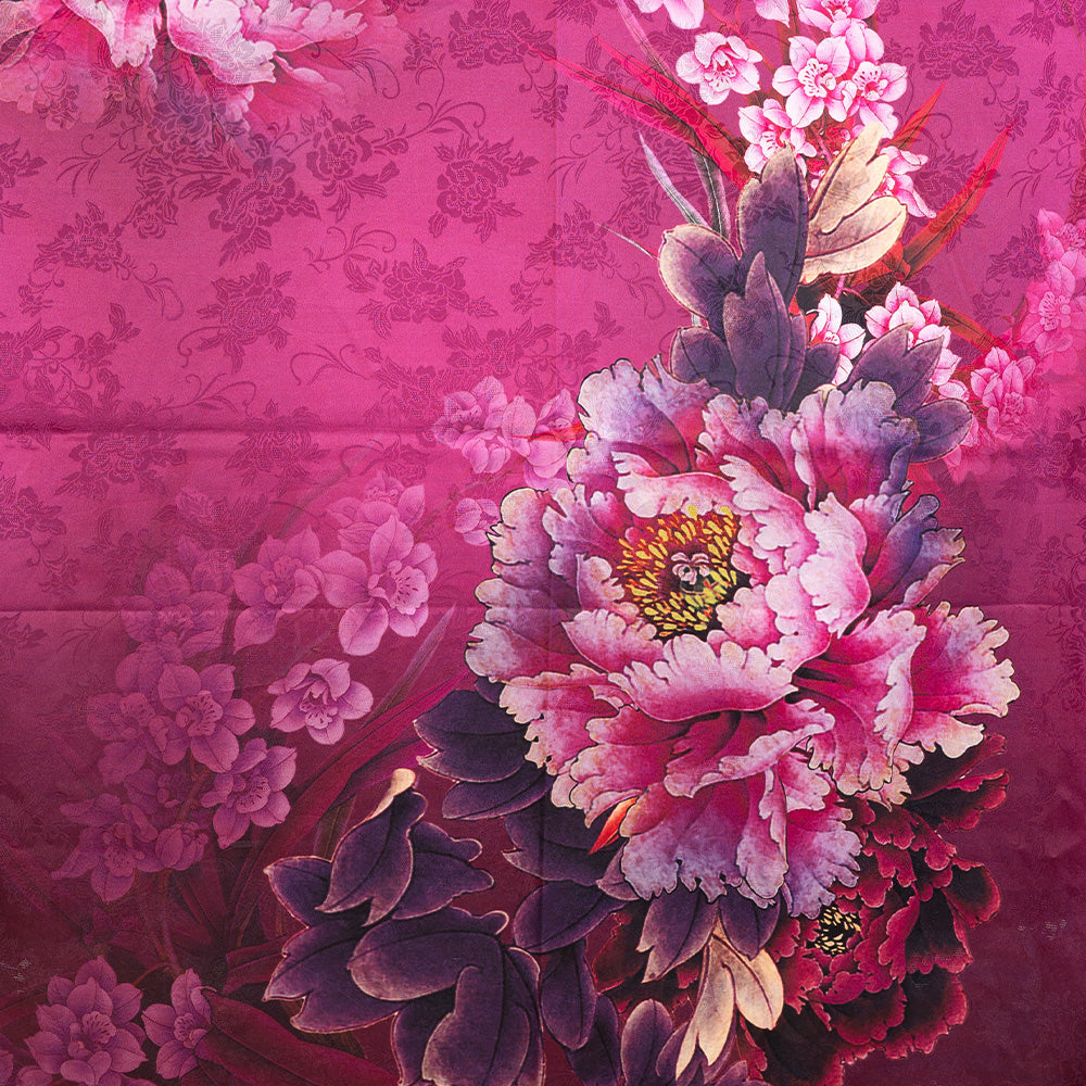 DOUBLE DAMASK SCARF WITH PEONY AND FUCHSIA BACKGROUND