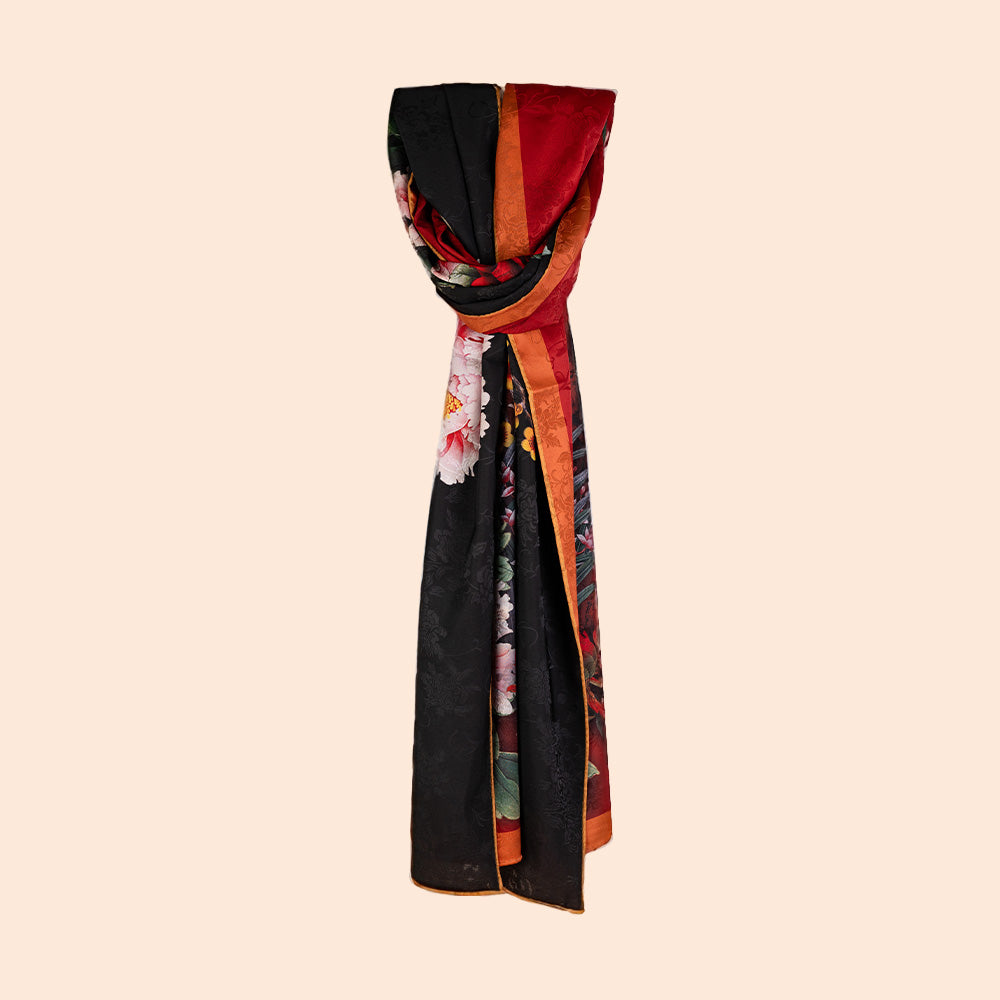 DOUBLE DAMASK SCARF WITH JAPANESE FLOWERS AND RED BACKGROUND