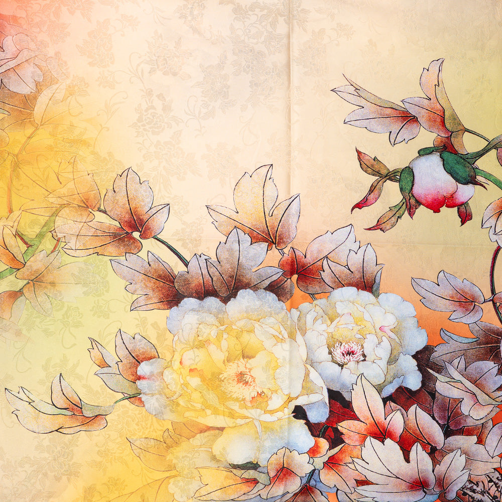 DOUBLE DAMASK SCARF WITH JAPANESE FLOWERS AND YELLOW BACKGROUND