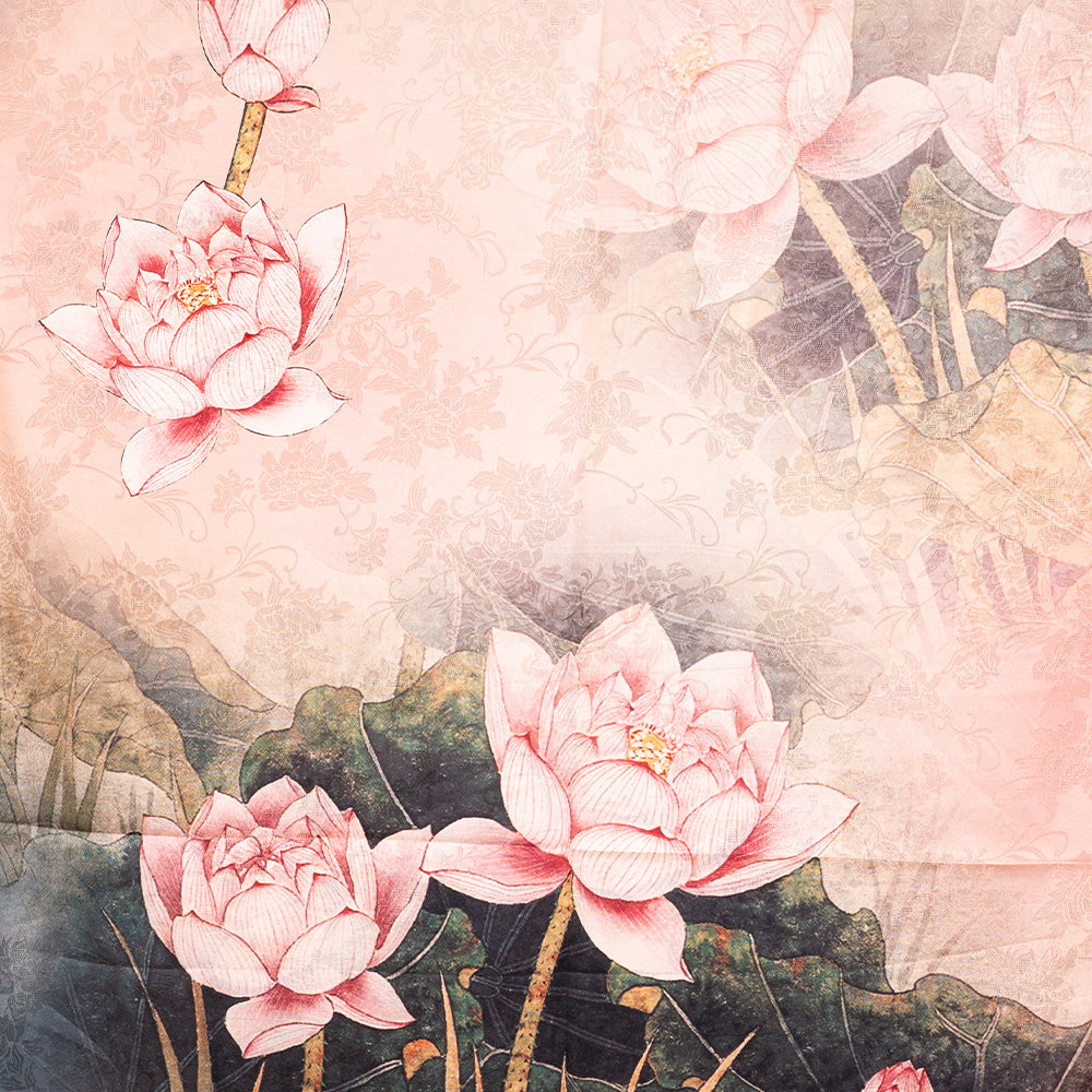 DOUBLE DAMASK SCARF WITH JAPANESE FLOWERS AND ANTIQUE PINK GREEN BACKGROUND
