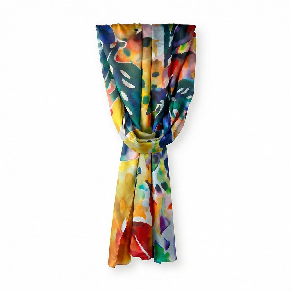 SCIARPA FOULARD IN SETA GRANDE CON FIORI TROPICALI ACQUARELLATI
