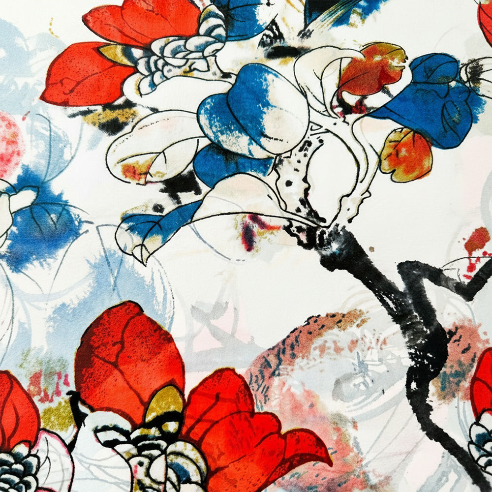 SCIARPA FOULARD IN SETA GRANDE CON PENNELLATE E FIORE A CONTRASTO