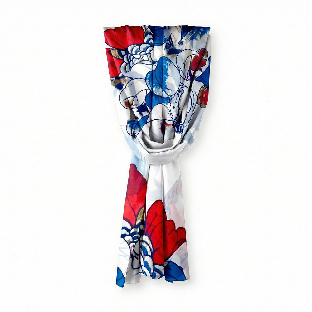 SCIARPA FOULARD IN SETA GRANDE CON PENNELLATE E FIORE A CONTRASTO