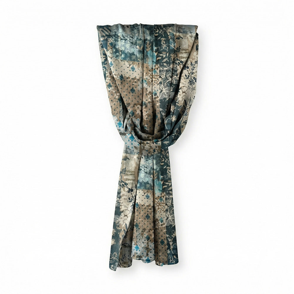SCIARPA FOULARD IN SETA GRANDE CON MICRO FANTASIE SU SFONDO TORTORA