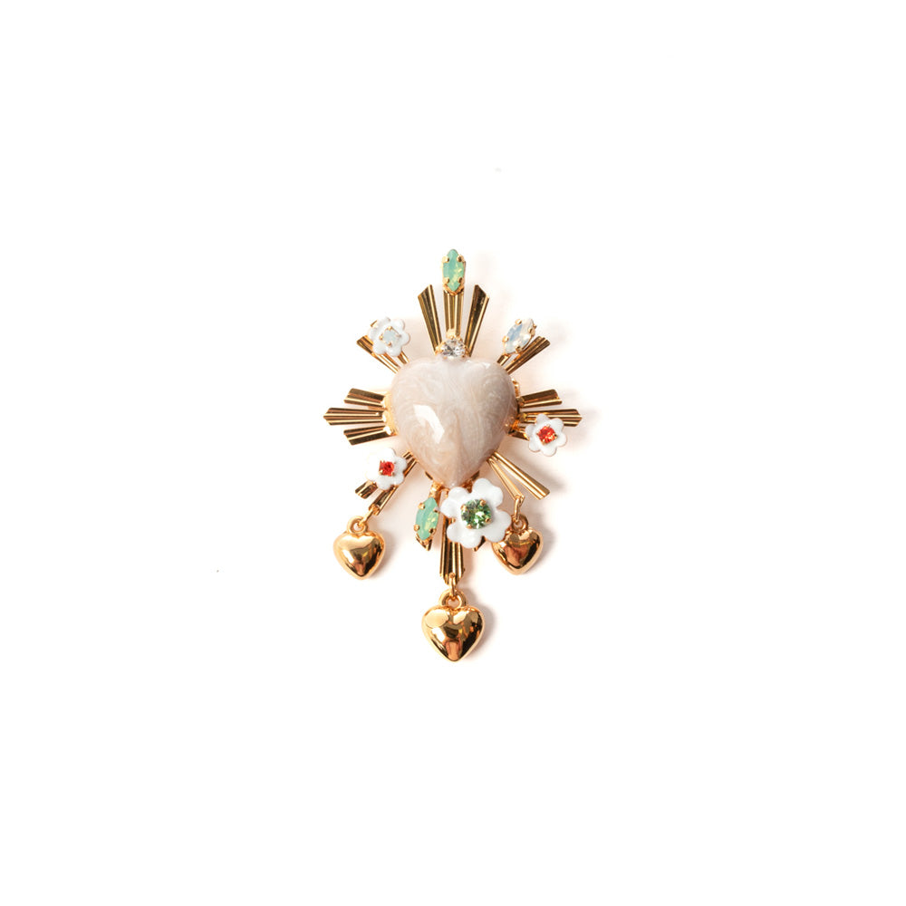 SPILLA A CUORE CON FIORI, STRASS E CUORICINI PENDENTI
