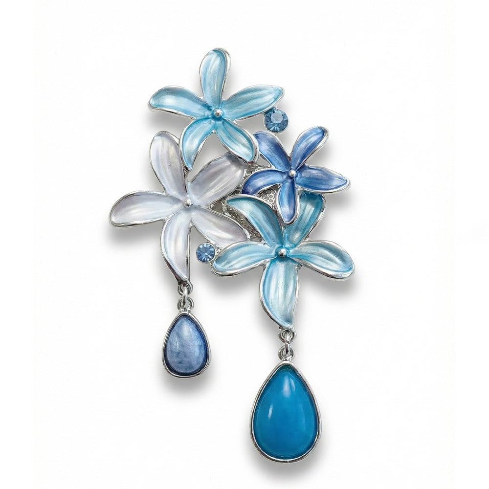 SPILLA CON FIORI, STRASS E PIETRA A GOCCIA PENDENTE