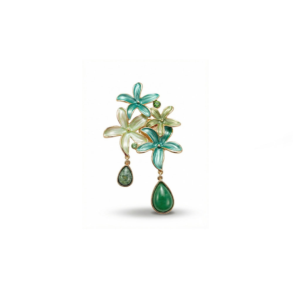 SPILLA CON FIORI, STRASS E PIETRA A GOCCIA PENDENTE
