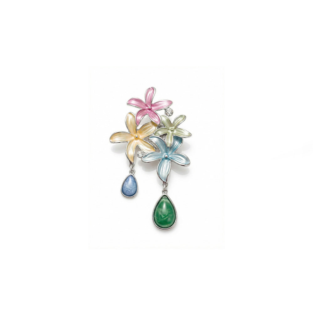 SPILLA CON FIORI, STRASS E PIETRA A GOCCIA PENDENTE