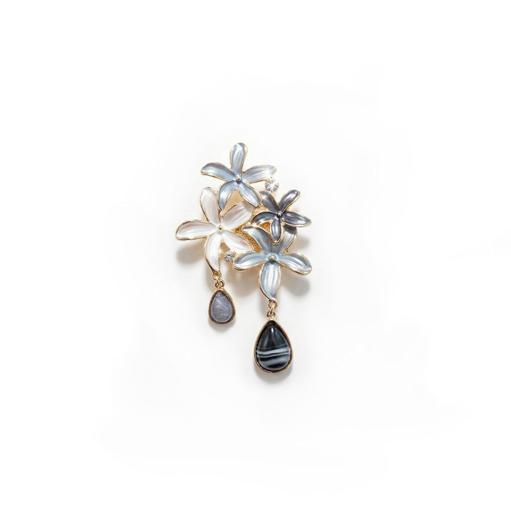 SPILLA CON FIORI, STRASS E PIETRA A GOCCIA PENDENTE
