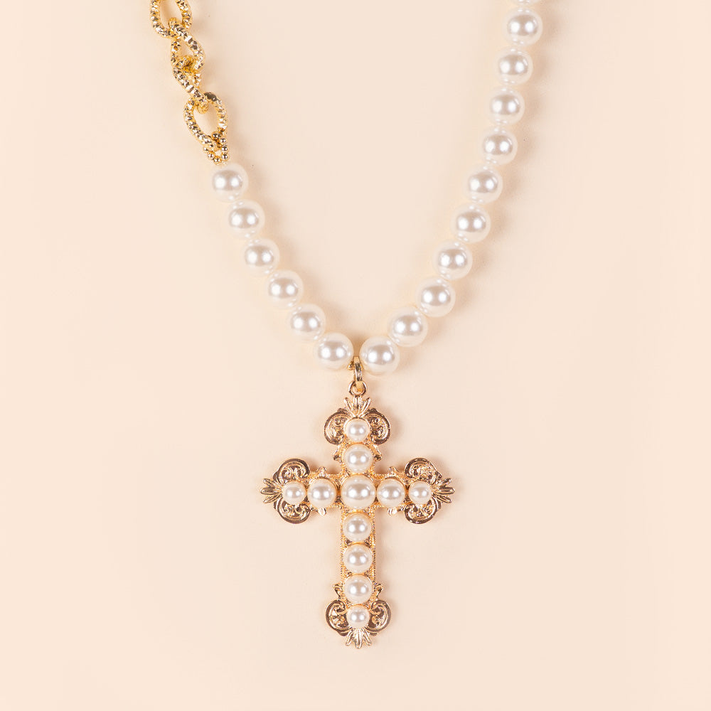 PEARL CHOKER NECKLACE, CHAIN AND CROSS PENDANT