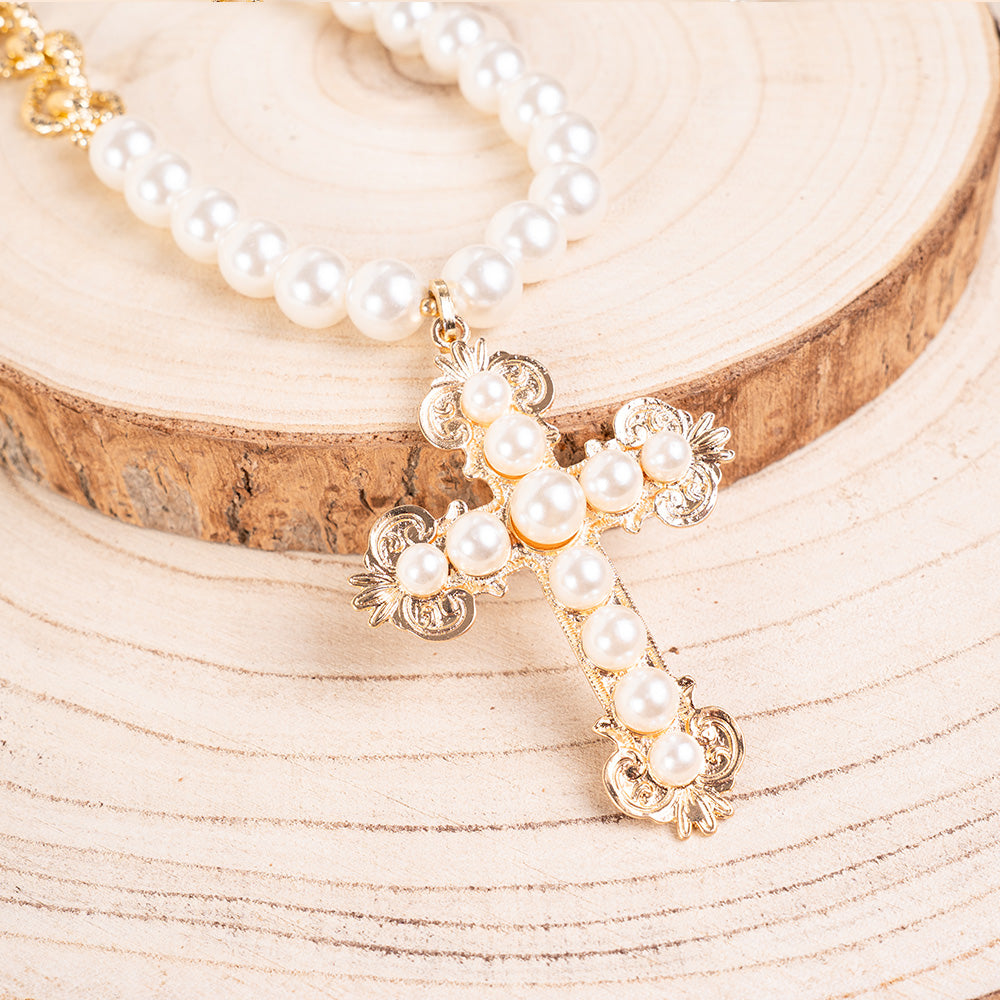 PEARL CHOKER NECKLACE, CHAIN AND CROSS PENDANT