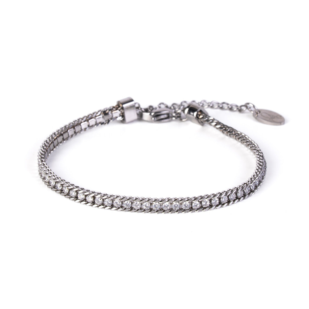 BRACCIALE SEMIRIGIDO CON STRASS CENTRALE E CATENA AI LATI