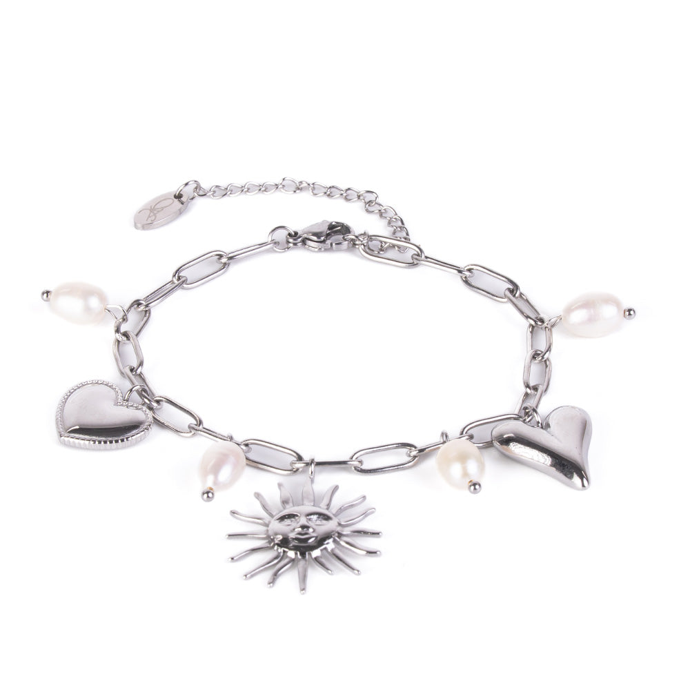 BRACCIALE MORBIDO A CATENA CON SOLE CUORI E PERLE