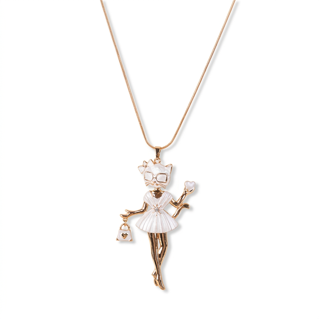 COLLANA LUNGA CON PENDENTE A FORMA DI GATTO CON GONNA