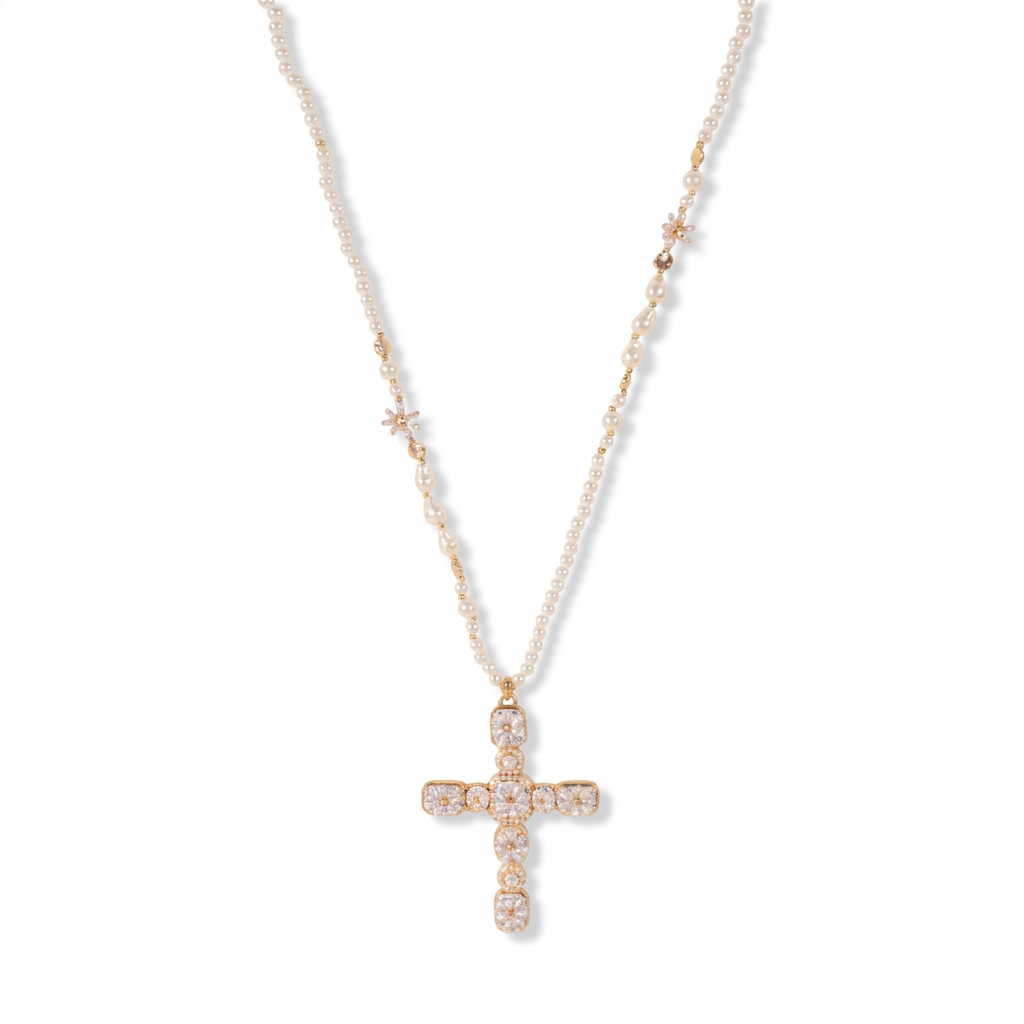 LONG PEARL NECKLACE WITH PENDANT CROSS WITH APPLICATIONS