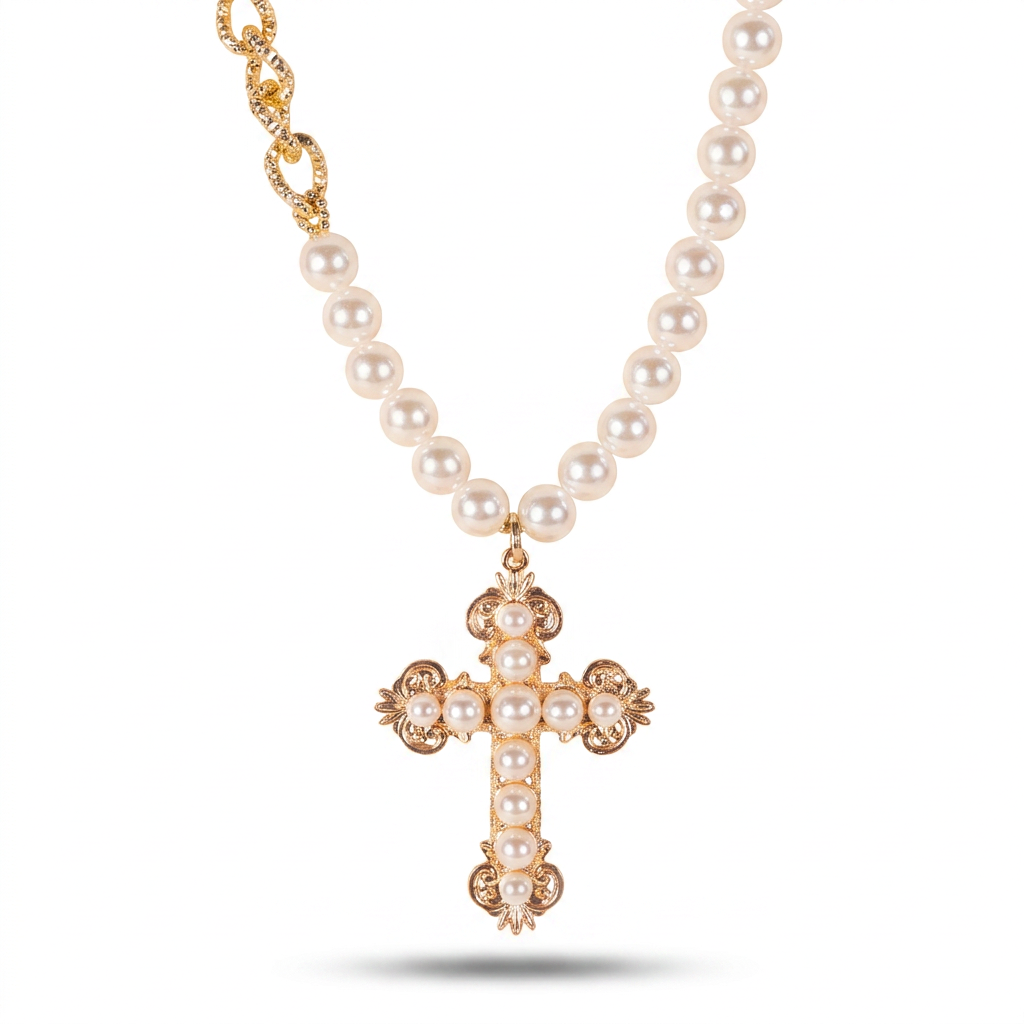 COLLANA GIROCOLLO CON PERLE, CATENA E PENDENTE A CROCE