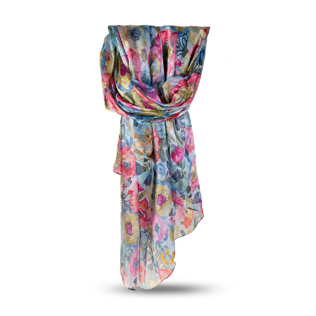 LARGE RECTANGULAR SILK SCARF WITH FLOWERS AND CAT