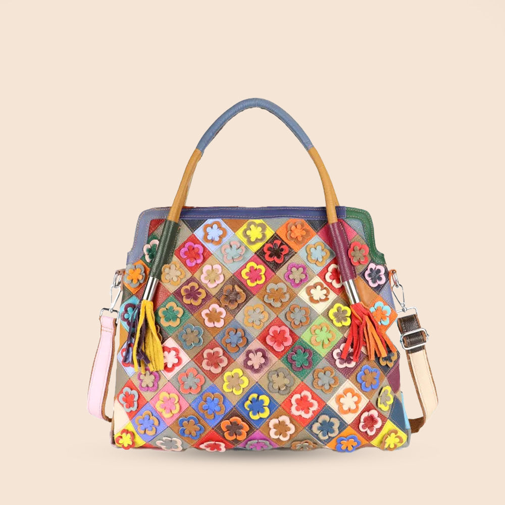 BORSA A SPALLA GRANDE PATCHWORK CON FIORI IN RILIEVO MULTICOLOR
