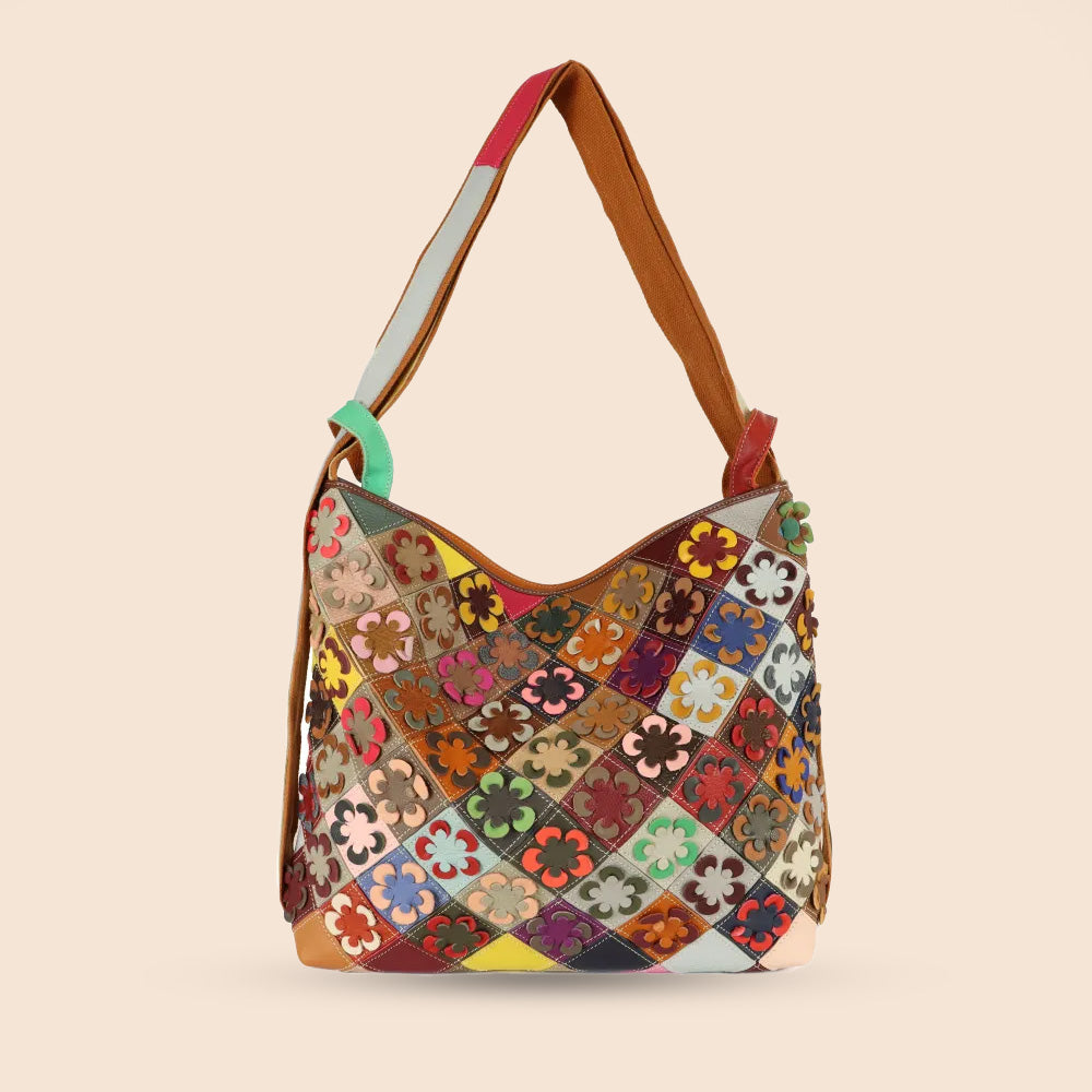 BORSA A SPALLA TRASFORMABILE IN ZAINO MULTICOLOR CON FIORI