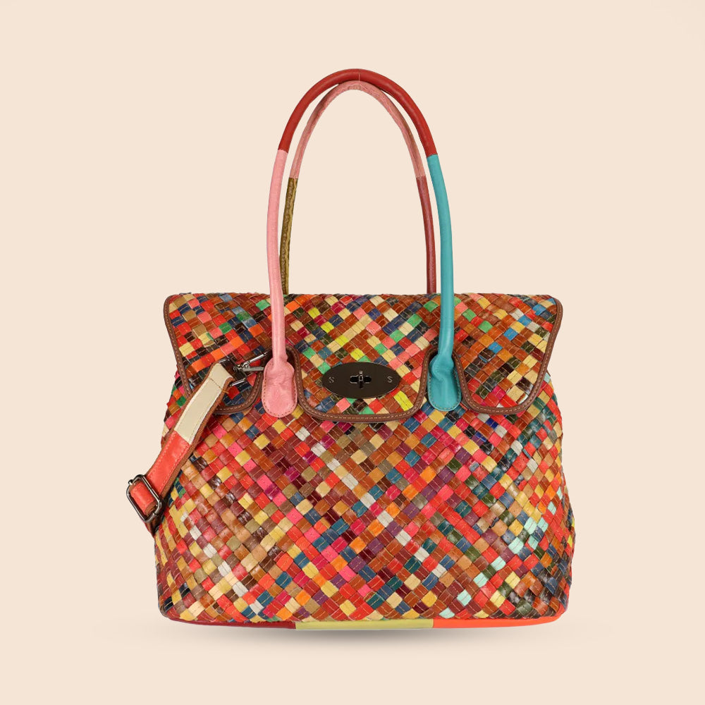 BORSA A SPALLA INTRECCIATA COLORATA CON CHIUSURA A GIRELLO