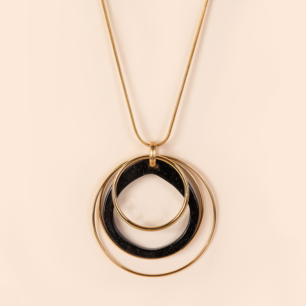COLLANA LUNGA CON DISCHI CIRCOLARI IN ACCIAIO E RESINA
