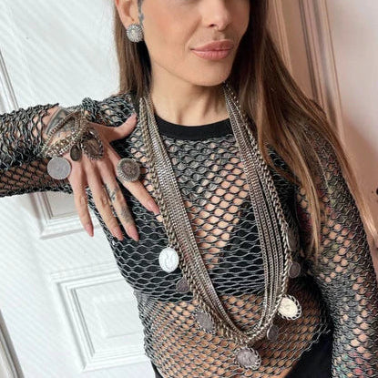 COLLANA LUNGA MULTIFILO CON MONETE PENDENTI