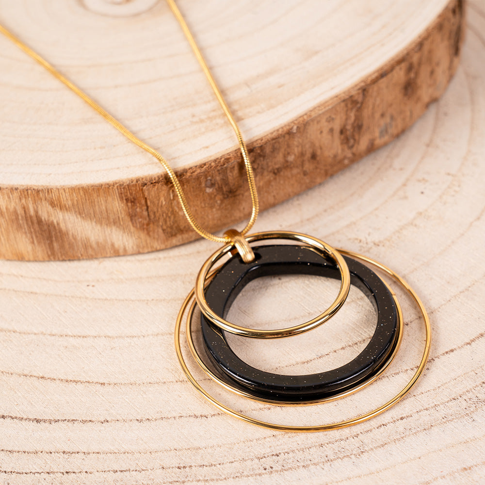 COLLANA LUNGA CON DISCHI CIRCOLARI IN ACCIAIO E RESINA