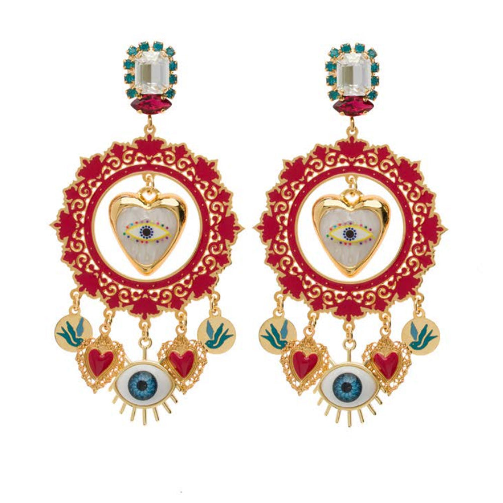 ORECCHINI PENDENTI GIPSY CON CUORI E OCCHIO
