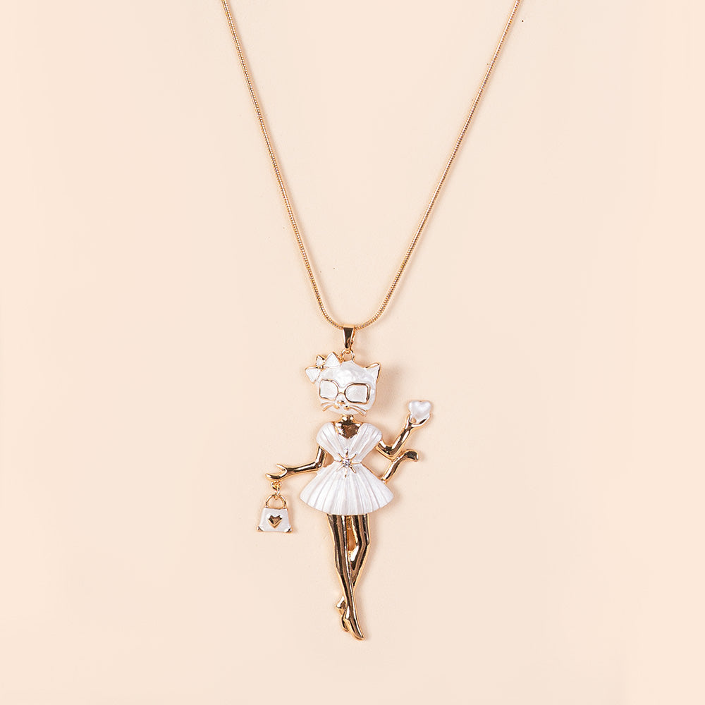 COLLANA LUNGA CON PENDENTE A FORMA DI GATTO CON GONNA