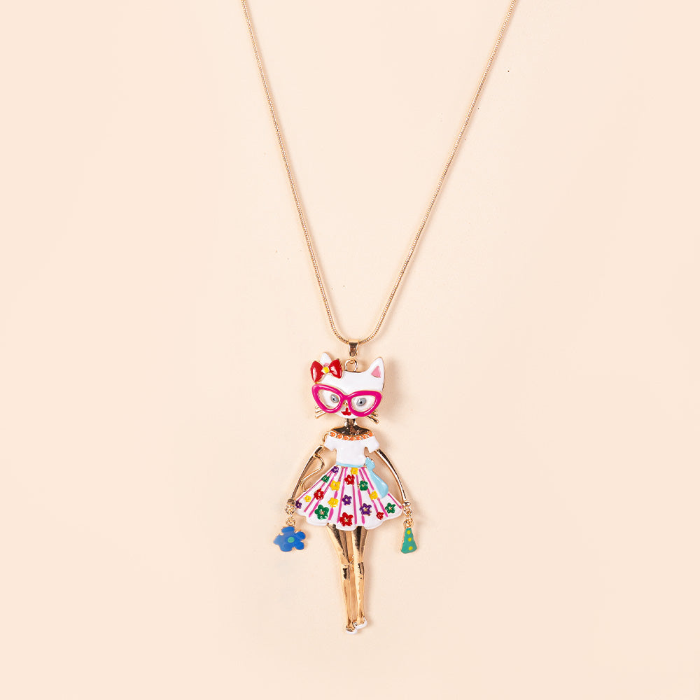 COLLANA LUNGA CON PENDENTE A FORMA DI GATTO CON VESTITO A FIORI