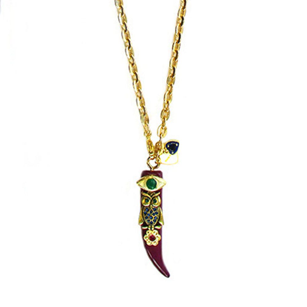 COLLANA LUNGA A CATENA CON CORNO CON FIORE E OCCHIO