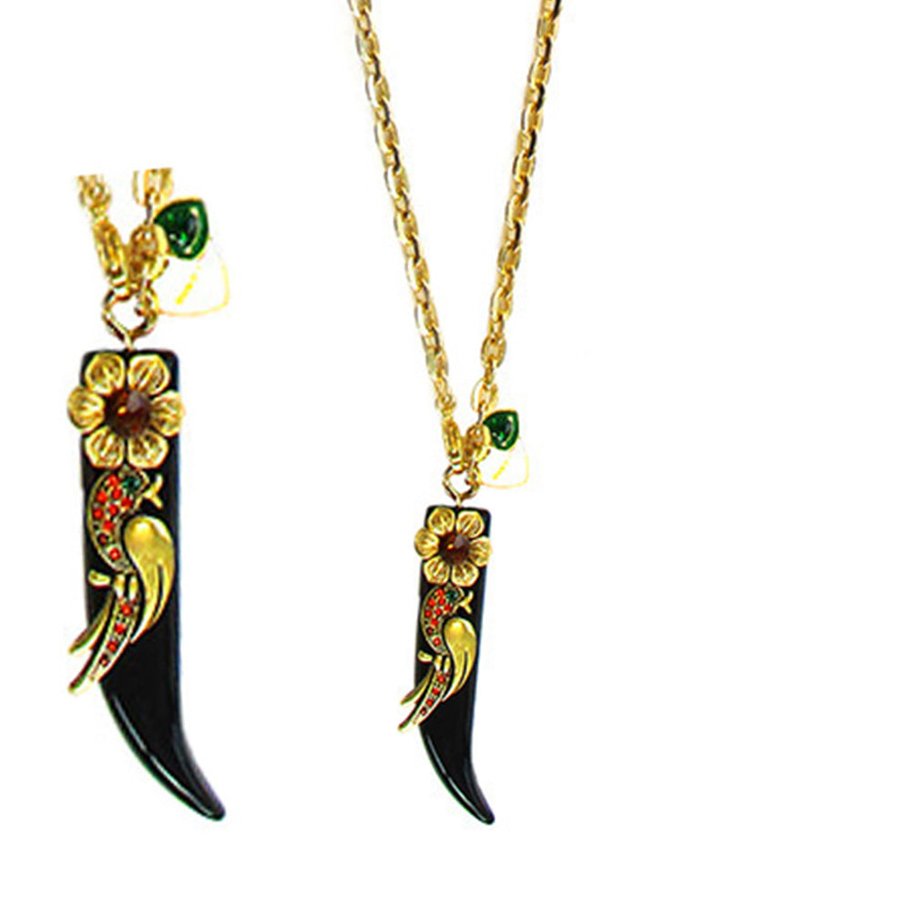 COLLANA LUNGA A CATENA CON CORNO CON FIORE E UCCELLO